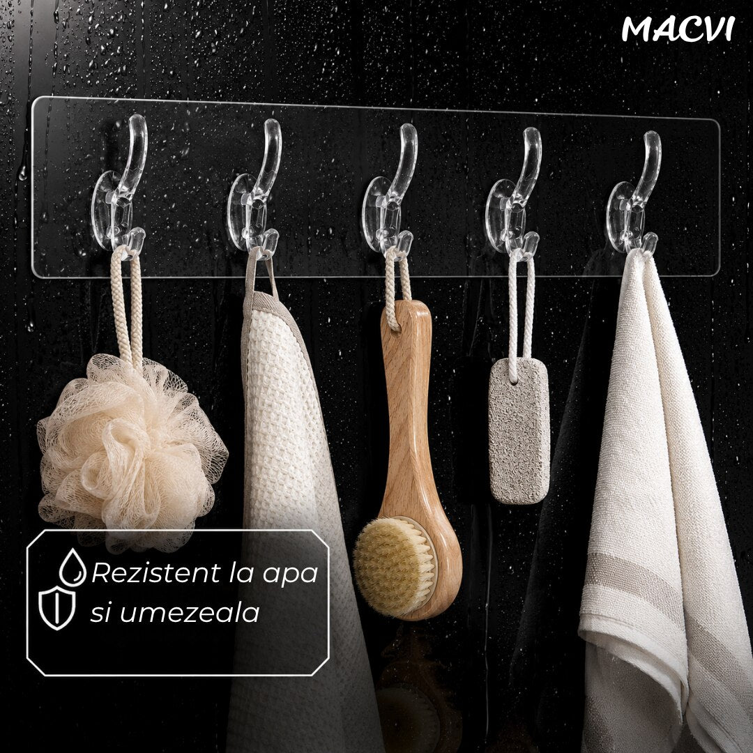 Suport autoadeziv baie sau bucatarie Macvi®, transparent, plastic rezistent, 5 carlige multifunctionale, 35 x 7 cm