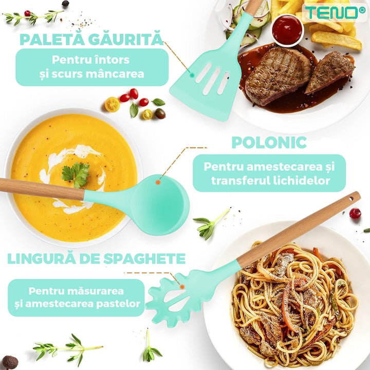 Set Ustensile Bucatarie 12 Piese Silicon Alimentar Teno®, termorezistente, antiaderente, sigure, suport inclus, turcoaz
