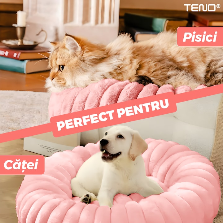 Pat Animale Teno®, captusit, moale, pufos si calduros, pentru caini si pisici, diametru 60 cm, baza anti-alunecare, design dungat, roz