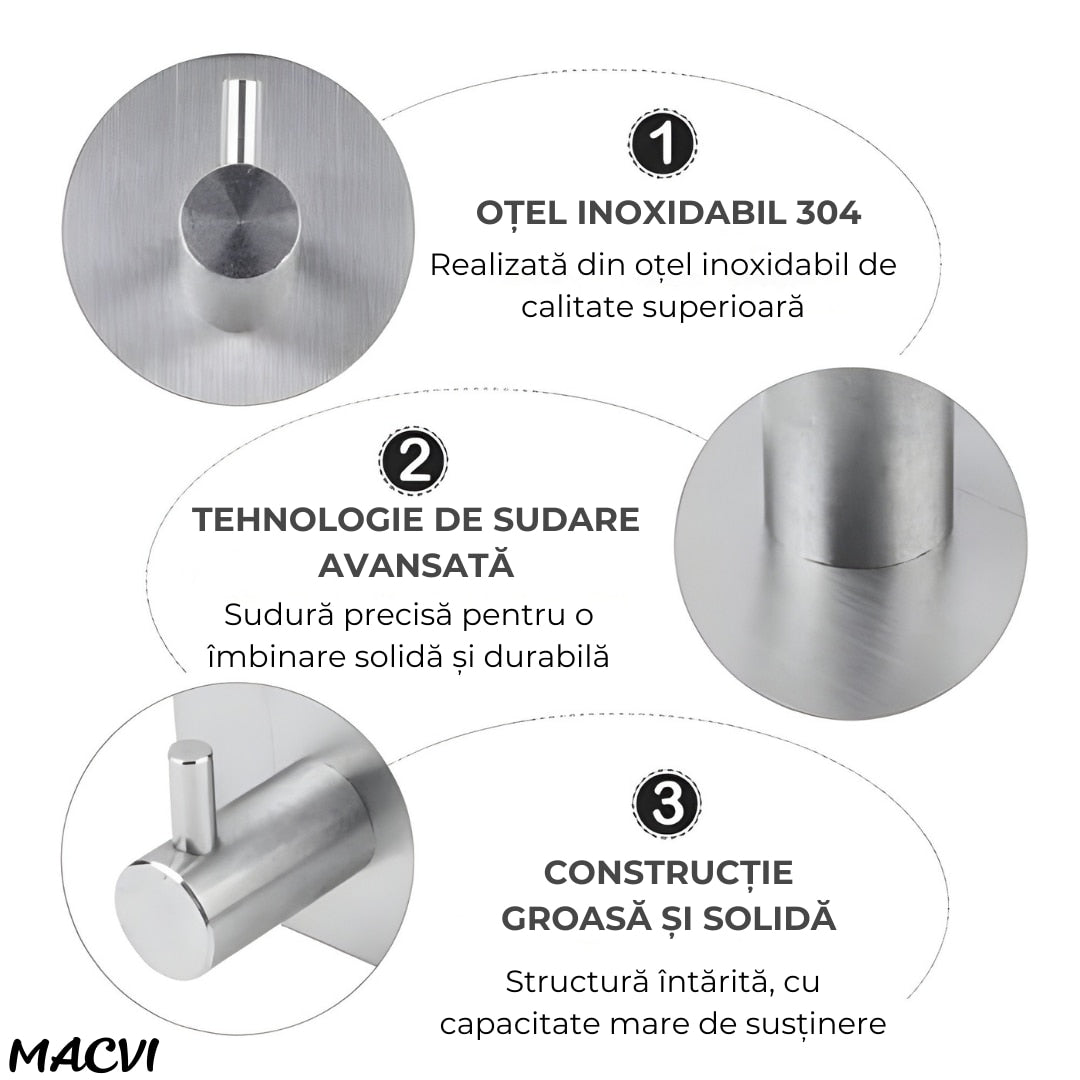 Set 4 cuiere de perete Macvi® din otel inoxidabil, montaj fara gaurire, 2 negre + 2 argintii, rezistente la umiditate, pentru baie si hol