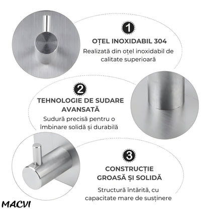 Set 4 cuiere de perete Macvi® din otel inoxidabil, montaj fara gaurire, 2 negre + 2 argintii, rezistente la umiditate, pentru baie si hol
