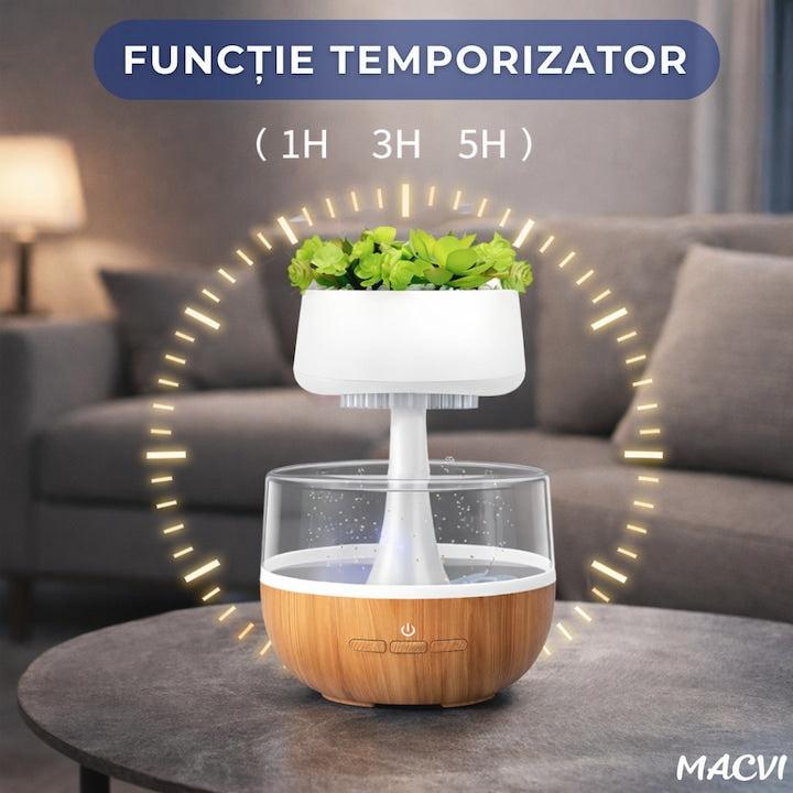 Umidificator decorativ cu efect de ploaie tip nor Macvi® cu LED 7 culori sunet ploaie si element vegetal artificial, 0.3L, Cablu USB