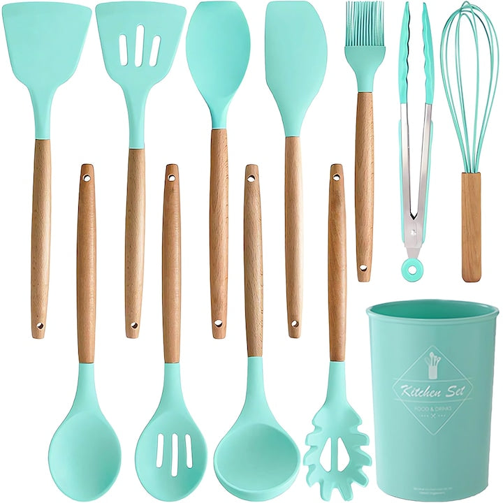 Set Ustensile Bucatarie 12 Piese Silicon Alimentar Teno®, termorezistente, antiaderente, sigure, suport inclus, turcoaz