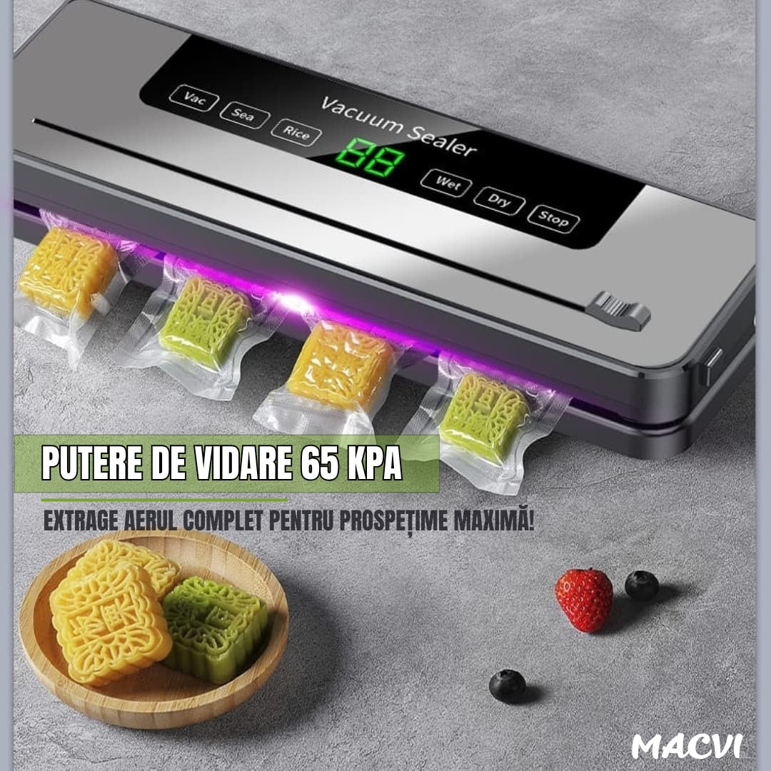 Aparat de vidat Macvi® cu taietor incorporat, sistem compact, mod uscat si umed pentru conservarea alimentelor