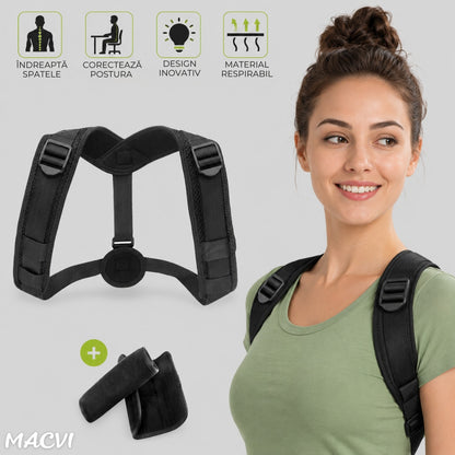 Corector Postura Macvi® Ortopedic Reglabil pentru Spate Gat Umeri Clavicula Unisex Suport Corectie Coloana Negru