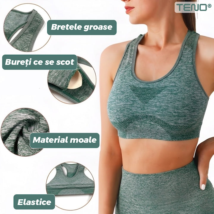 Set Costum Fitness din 2 Piese Teno®, colanti si bustiera, material respirabil, uscare rapida, elasticitate ridicata, one-size, verde