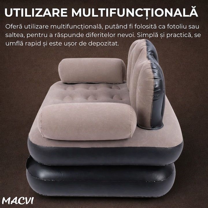 Fotoliu Gonflabil Macvi® XL 2 in 1 Portabil Pentru Interior, Exterior, Camping sau Plaja, Design Ergonomic, 100x88x90 cm, Maro