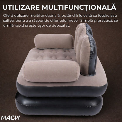 Fotoliu Gonflabil Macvi® XL 2 in 1 Portabil Pentru Interior, Exterior, Camping sau Plaja, Design Ergonomic, 100x88x90 cm, Maro