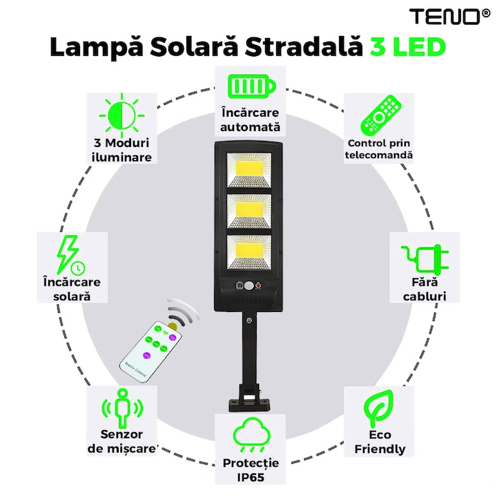 Lampa Solara Stradala 3 LED-uri Teno®, control prin telecomanda, senzor de miscare, 3 moduri de iluminare, protectie IP65, Waterproof, exterior, negru