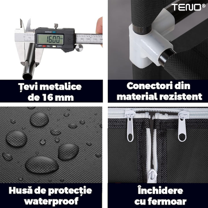 Dulap din Material Textil pentru Haine si Incaltaminte Teno®, impermeabil, 8 rafturi, inchidere fermoar, suport umerase, cadru otel, 170 cm, negru