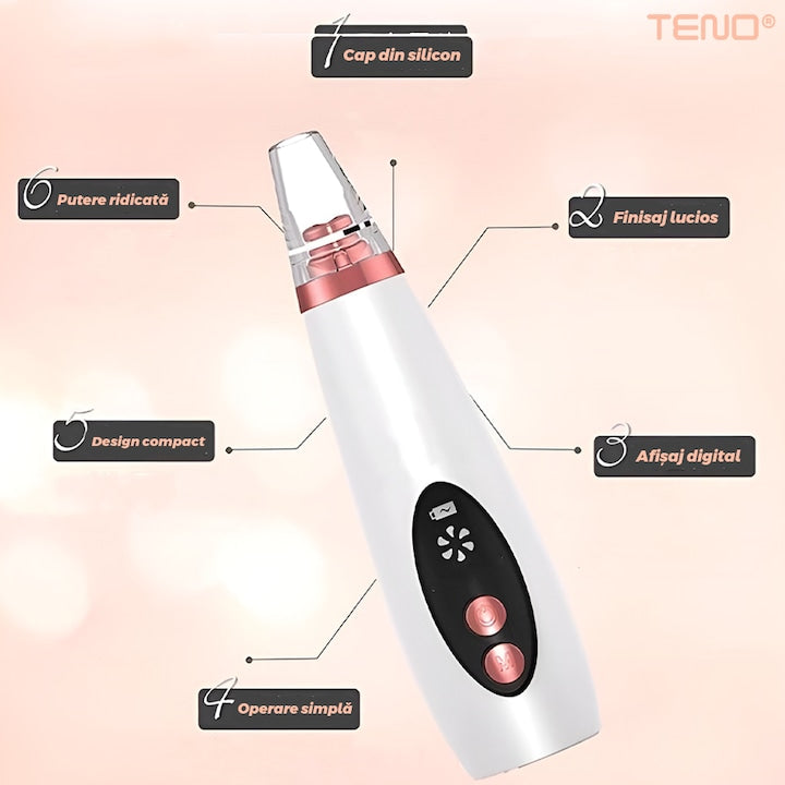 Aparat cu Vacuum pentru Puncte Negre si Grasime Teno®, curatare faciala, ingrijire faciala, 3 viteze, 6 capete interschimbabile, delicat cu pielea, afisaj digital, alb