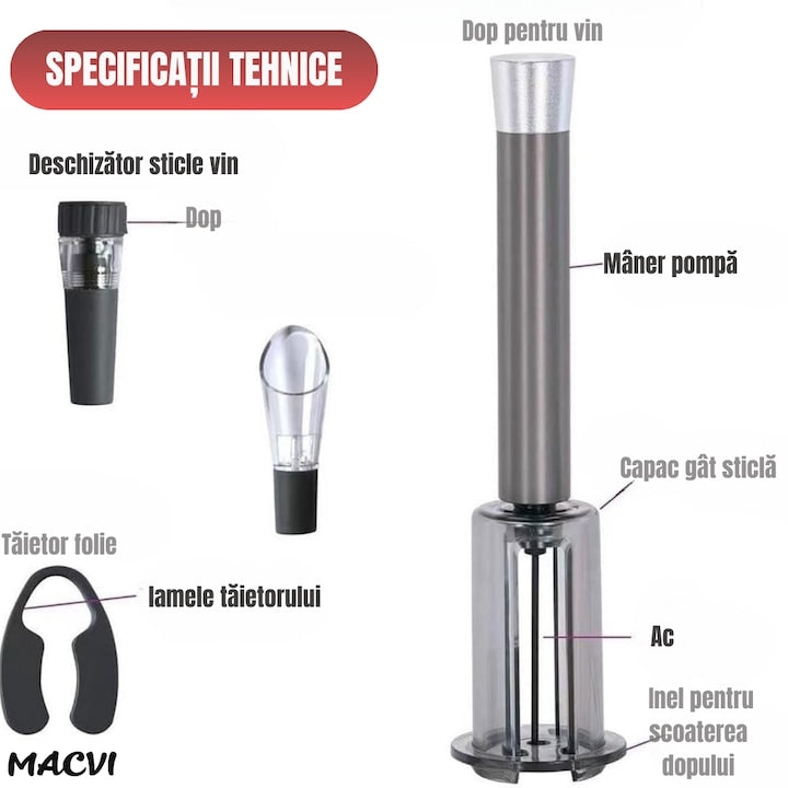 Set Deschizator de Sticle de Vin Macvi® 4 in 1, Tirbuson Profesional cu Taietor de Folie, Dop Vacuum si Picurator