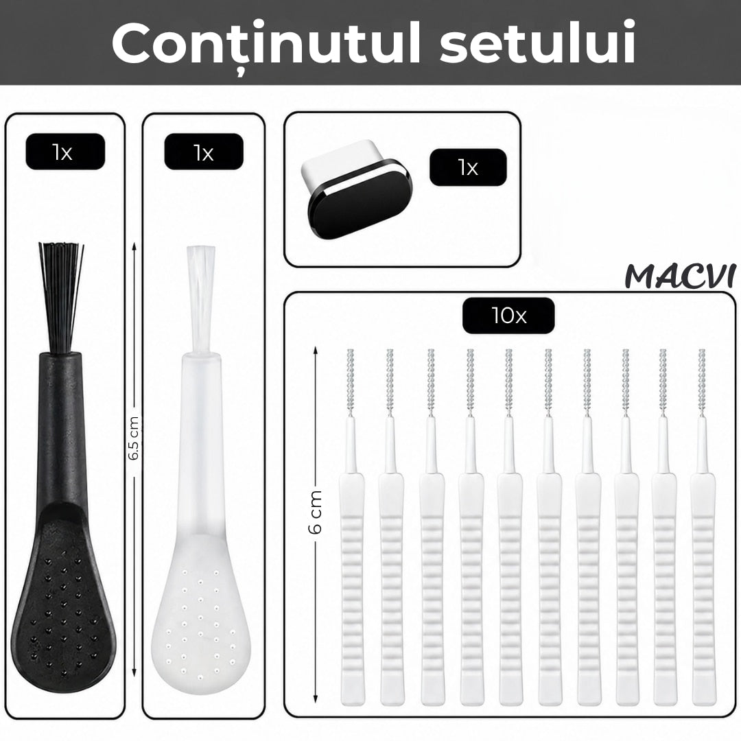 Kit igienizare telefon Macvi®, 13 piese, curatare port incarcare, difuzor, accesorii electronice, universal, intretinere smartphone
