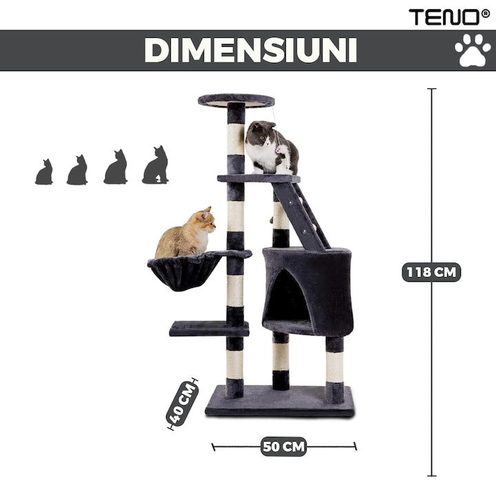 Ansamblu de Joaca pentru Pisici Teno®, tip turn, 1 platforma de observatie, 4 niveluri, 1 casuta, scara, franghie si mingiute de joaca, stalpi pentru zgariat, captuseala extra moale, structura stabila, 118 cm, gri inchis