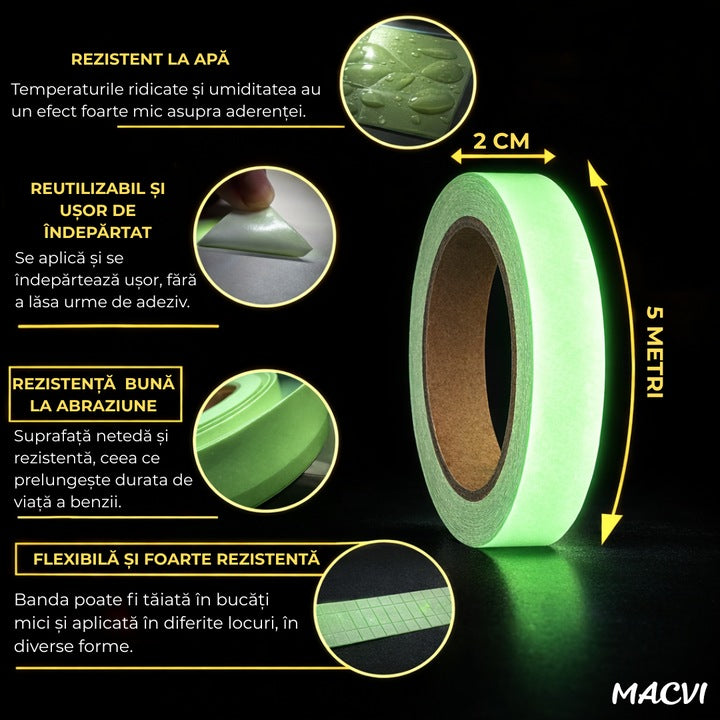 Banda Fosforescenta Autoadeziva Macvi® 2cm x 5m, Fotoluminiscenta, Incarcare cu Lumina, Vizibila pana la 8 Ore, Banda Siguranta Marcaj, Decor Interior/ Exterior
