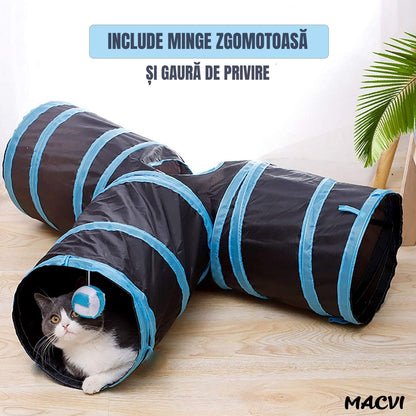 Tunel pliabil pentru pisici Macvi®, 3 cai, cu clopotei, poliester rezistent, portabil, 28x28x5 cm, albastru