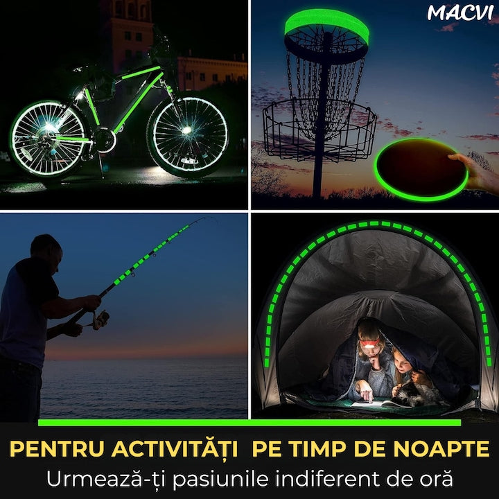 Banda Fosforescenta Autoadeziva Macvi® 2cm x 5m, Fotoluminiscenta, Incarcare cu Lumina, Vizibila pana la 8 Ore, Banda Siguranta Marcaj, Decor Interior/ Exterior