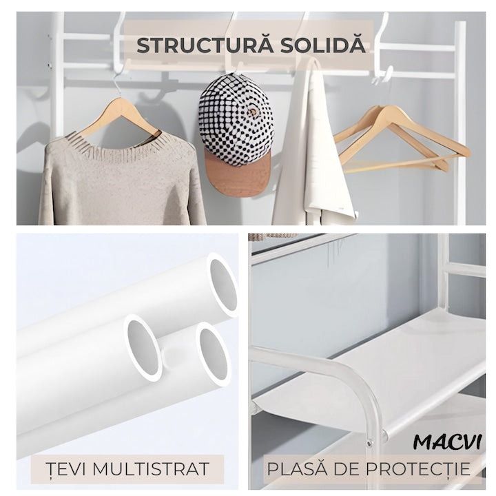 Cuier multifunctional Macvi® pentru haine si incaltaminte, 171x80x26.5 cm, material durabil, design ergonomic si modern, negru