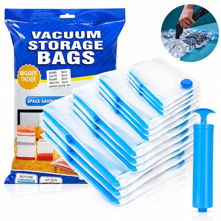 Set 11 Piese Saci de Vidat Macvi®, 10 Saci Vacuum Reutilizabili + Pompa Manuala, 40×60 cm, 50×70 cm, 60×80 cm, 80×100 cm, Economisire Spatiu pana la 80%