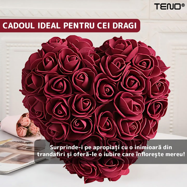 Inimioara din Trandafiri de Spuma Teno®, floral burgundy, handmade, cutie transparenta, eleganta si naturala, nemuritoare, 17 cm