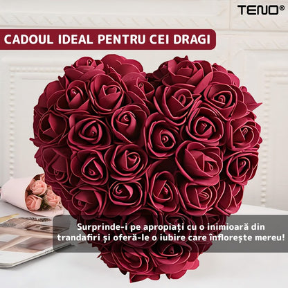 Inimioara din Trandafiri de Spuma Teno®, floral burgundy, handmade, cutie transparenta, eleganta si naturala, nemuritoare, 17 cm