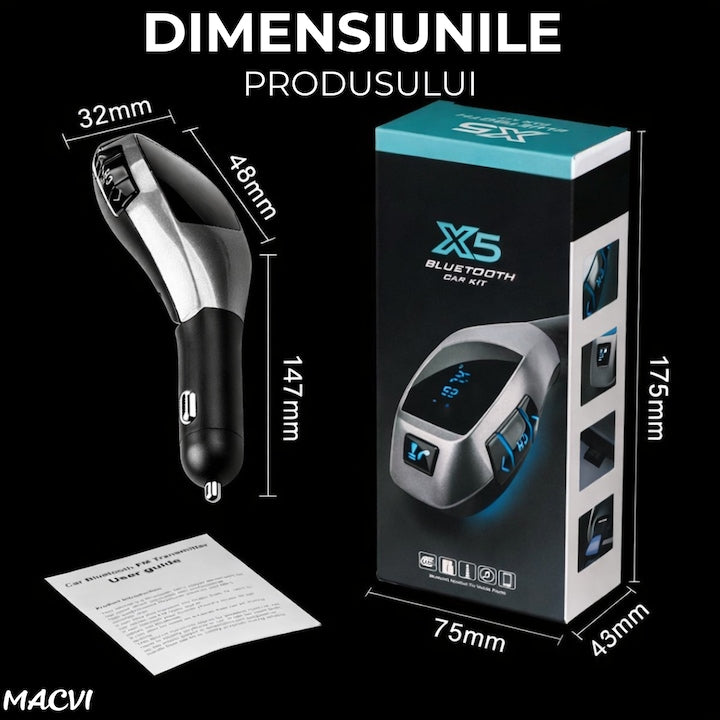Kit Auto Macvi® cu Functie de Modulator FM si Bluetooth, Compatibil cu Dispozitive Mobile, Functie Handsfree