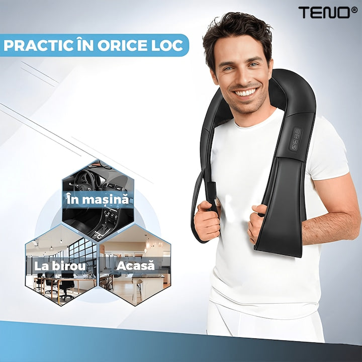Aparat Profesional pentru Masaj Cervical Teno®, spate, lombara, abdomen si picioare, shiatsu, 4 puncte de masaj, negru