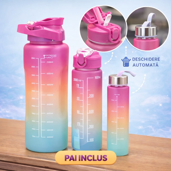 Set 3 Sticle de Apa Motivationale TENO®, 2000ml + 900ml + 300ml, Tritan fara BPA, Pai inclus, Deschidere automata, fucsia