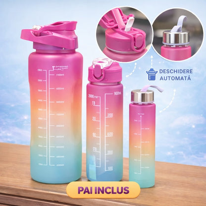 Set 3 Sticle de Apa Motivationale TENO®, 2000ml + 900ml + 300ml, Tritan fara BPA, Pai inclus, Deschidere automata, turcoaz