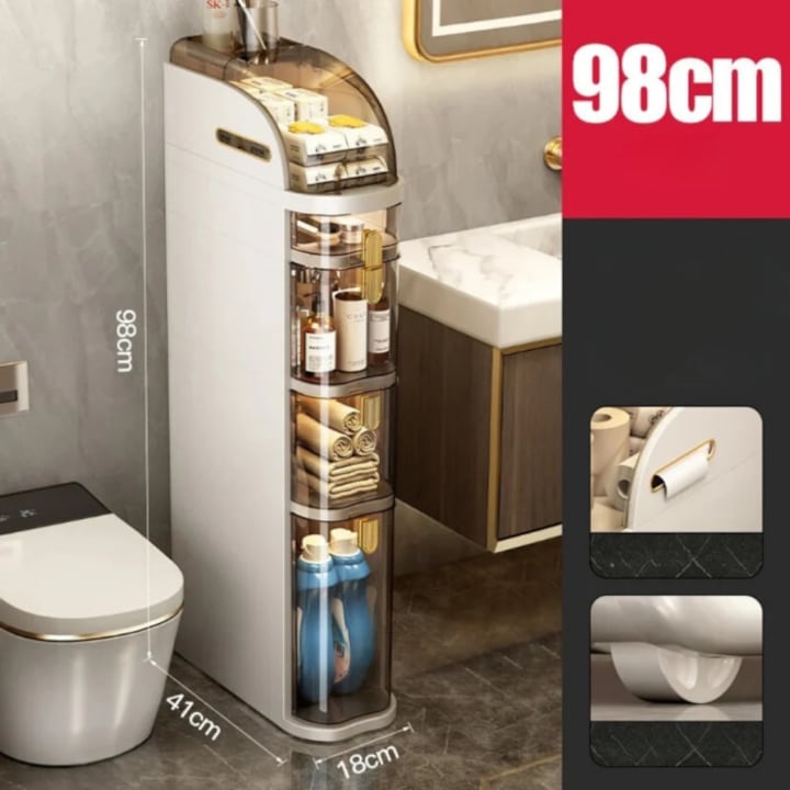 Dulap Mobil Organizator Macvi®, 5 Nivele, 98 × 18 × 41cm, Organizator Vertical Ultra-Slim cu Roti, PVC Rezistent, Alb