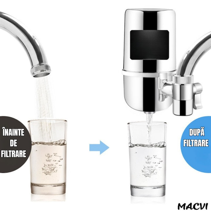 Filtru Apa Macvi® pentru Robinet, Capacitate 50.000L, 7 Etape Filtrare, Cartus Reutilizabil, Elimina Impuritati, Clor si Metale Grele, Montaj Rapid, Argintiu