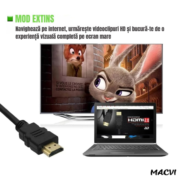 Cablu video Macvi® HDMI la HDMI, 1.8m, conectori aurii premium, rezolutie 4K Ultra HD 60Hz, negru