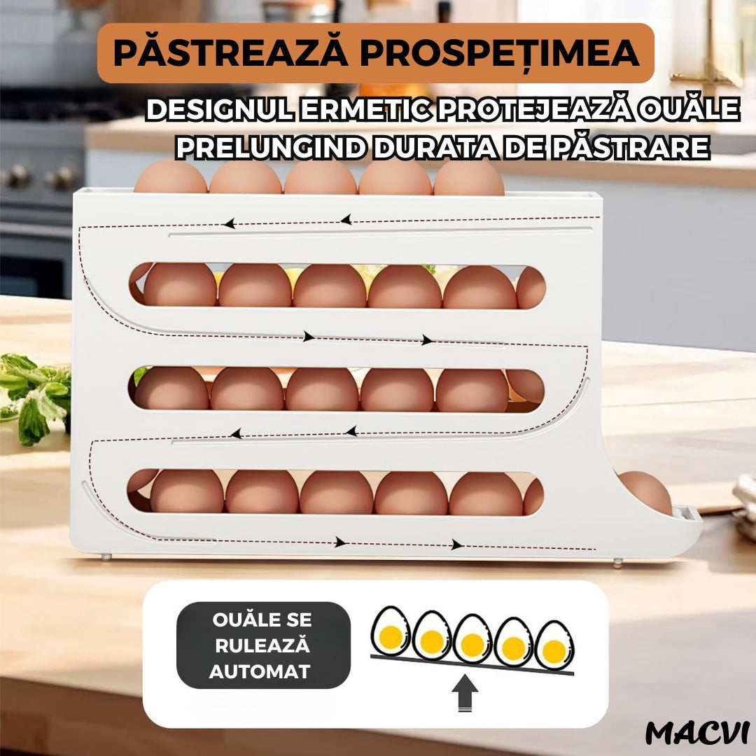 Suport organizator pentru oua Macvi®, 4 niveluri, rulare automata, 30 oua, 36x7x20 cm, alb, economisire inteligenta de spatiu in frigider
