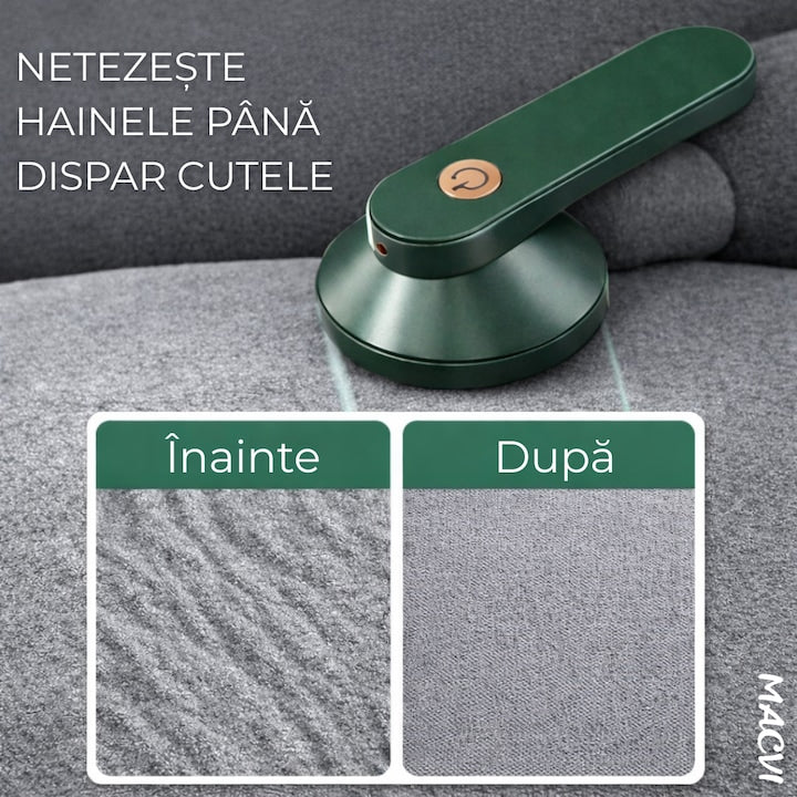 Aparat de indepartat scame Macvi®, incarcare USB, utilizare 4 ore, curatare uscata, verde