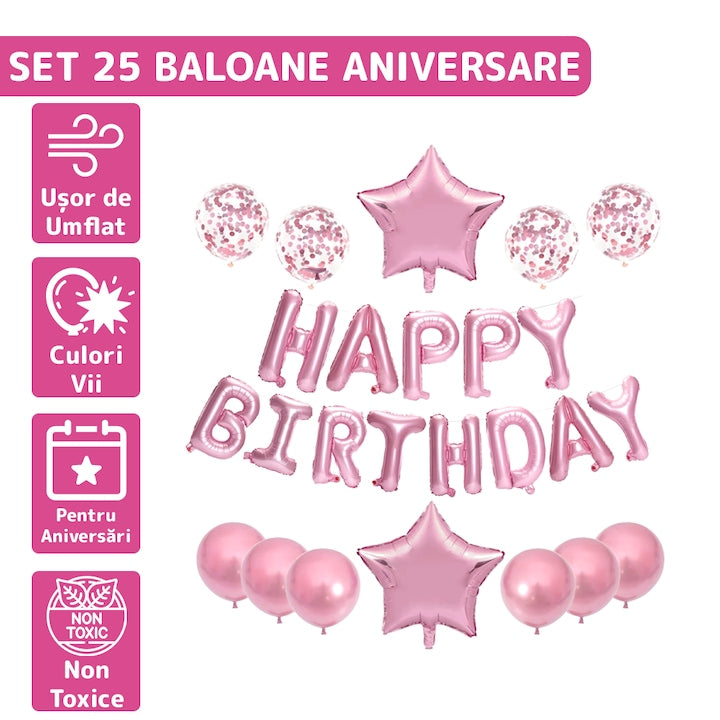 Set 25 Baloane Teno®, Litere, pentru Petreceri/Aniversari/Evenimente, confetti, stelute, model HAPPY BIRTHDAY, rose