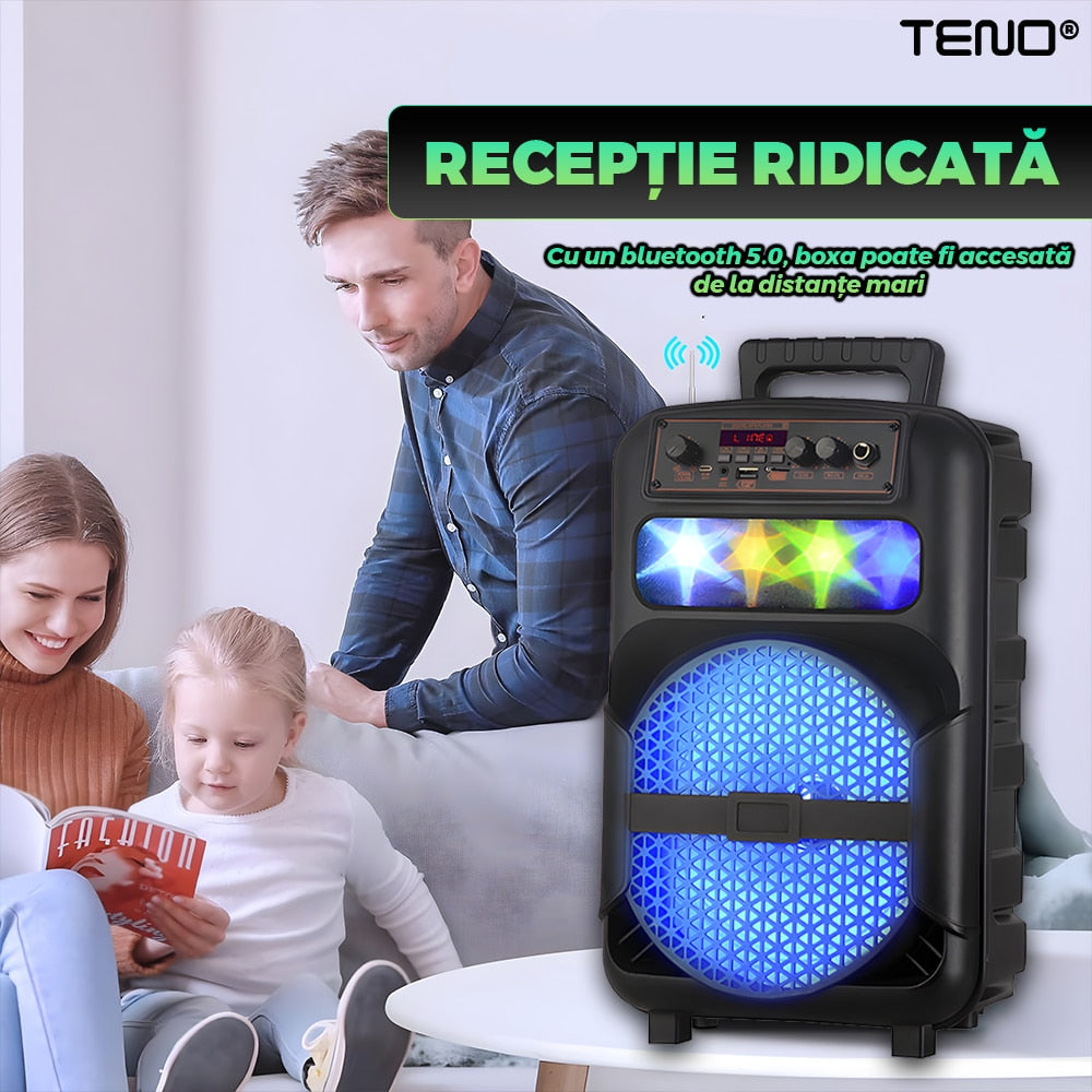 Boxa Portabila, Teno, microfon inclus, lumini LED, negru, set complet, 1200 W