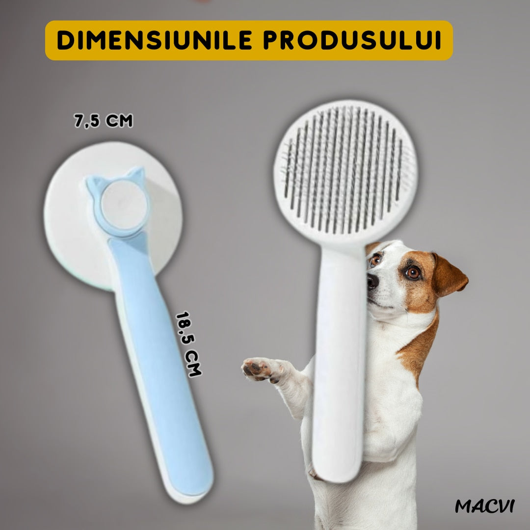 Perie auto-curatare Macvi® pentru caini si pisici, indeparteaza parul mort si incalcit, masaj pentru circulatie, tepi din otel inoxidabil, maner ergonomic