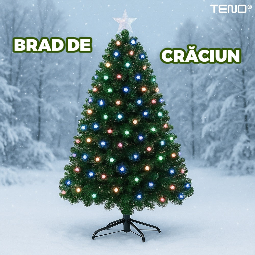 Brad Artificial de Craciun Teno®, luminite colorate, varf stea inclus, cadru metalic, atmosfera feerica, verde, 150 cm