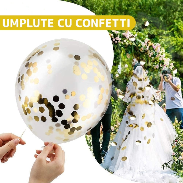 Set 15 Baloane Teno®, Confeti, pentru Petreceri/Aniversari/Evenimente, o singura dimensiune, 3 culori, latex, auriu/alb/transparent
