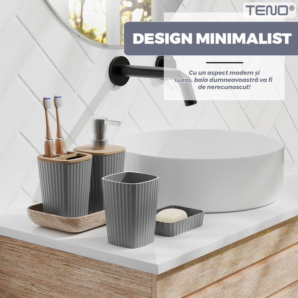 Set 6 Accesorii de Baie Teno, minimalist, detalii din bambus, gri