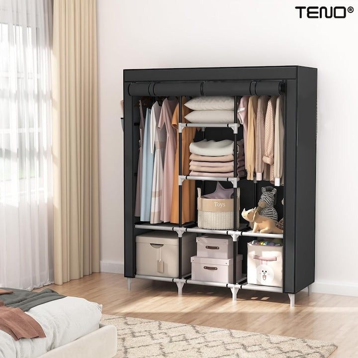 Dulap din Material Textil pentru Haine si Incaltaminte Teno®, impermeabil, 8 rafturi, inchidere fermoar, suport umerase, cadru otel, 170 cm, negru