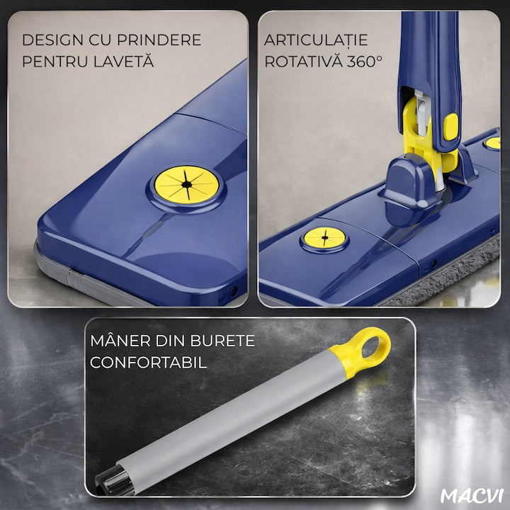 Mop Macvi® dreptunghiular cu stoarcere incorporata, telescopic, usor de curatat, 127 cm, albastru si galben