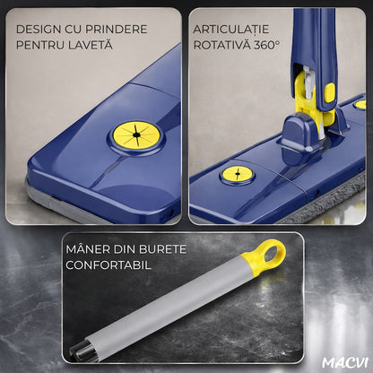 Mop Macvi® dreptunghiular cu stoarcere incorporata, telescopic, usor de curatat, 127 cm, albastru si galben