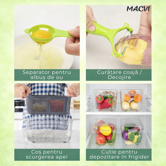 Razatoare multifunctionala Macvi® profesionala 22 piese cu lame inox si recipient colector tocator feliator pentru legume fructe si branzeturi gri verde
