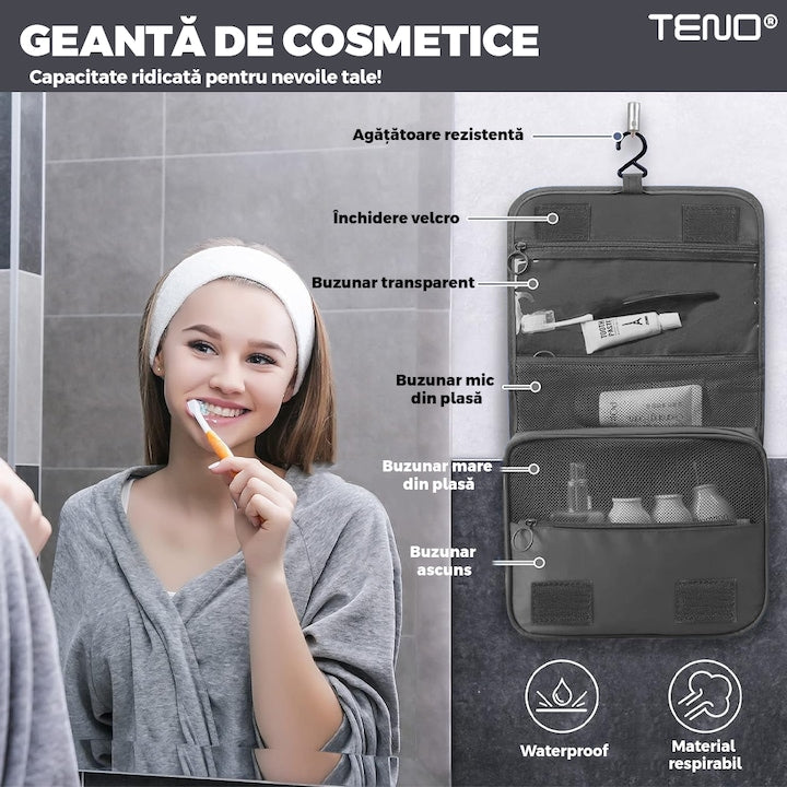 Set 8 Organizatoare Teno®, pentru calatorie, diferite marimi, 3 genti cu plasa, 1 geanta pentru lenjerie, geanta pentru cosmetice, sac pentru hainele murdare, inchidere cu fermoar dublu, plasa, gri