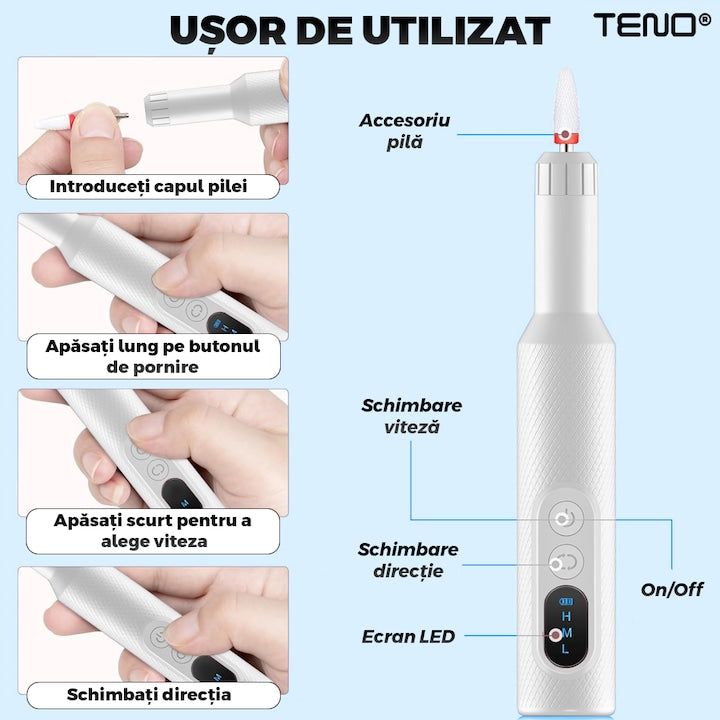 Pila Electrica Profesionala pentru Unghii Teno®, freza wireless, 18000 RPM, ecran LED, manichiura-pedichiura, 12 capete pentru pila, 36 benzi de slefurie, portabila, alba