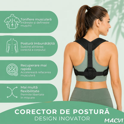 Corector Postura Macvi® Ortopedic Reglabil pentru Spate Gat Umeri Clavicula Unisex Suport Corectie Coloana Negru