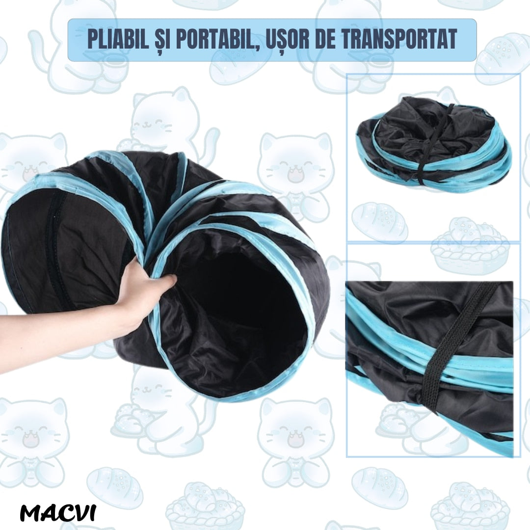 Tunel pliabil pentru pisici Macvi®, 3 cai, cu clopotei, poliester rezistent, portabil, 28x28x5 cm, albastru