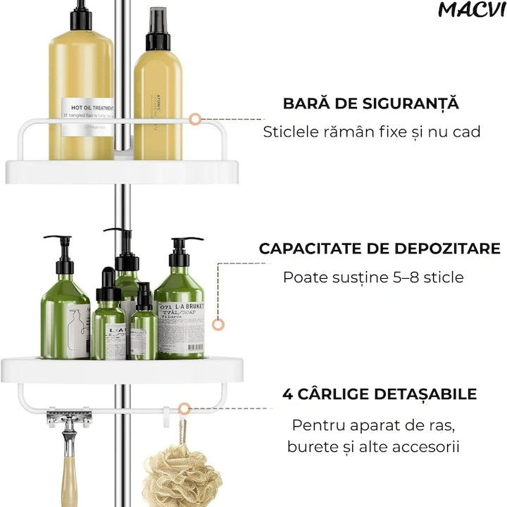 Etajera Extensibila Macvi® pentru Baie, 4 Polite si Umeras, Tip Coltar, 3 Carlige, 100-260 cm, Alb
