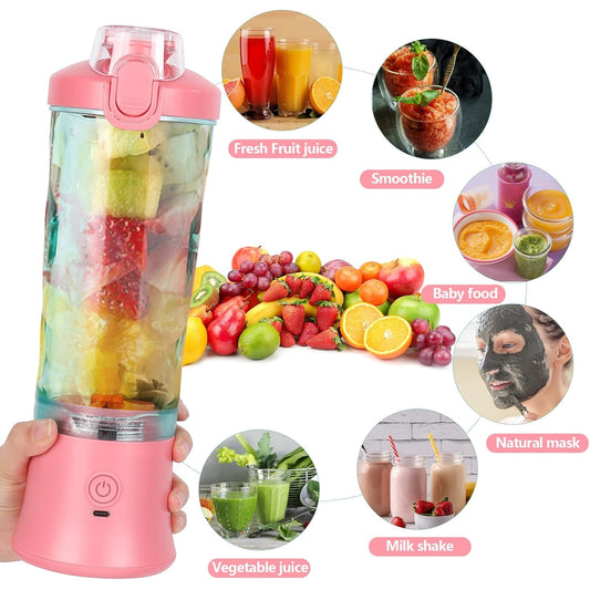 Blender Portabil Macvi® pentru Smoothie-uri 600 ml cu 6 Lame din Otel Inoxidabil, Baterie Reincarcabila 4000 mAh USB, Temporizator Automat 30 Secunde, Roz